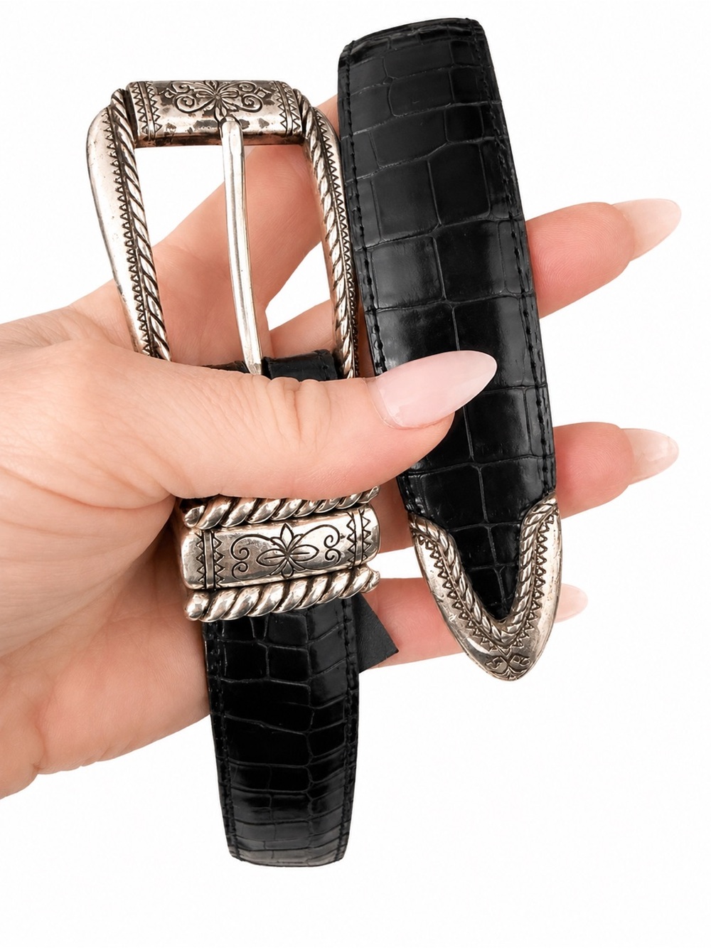 Brighton Black Croc-Embossed Leather Belt with Ornate Silver Buckle